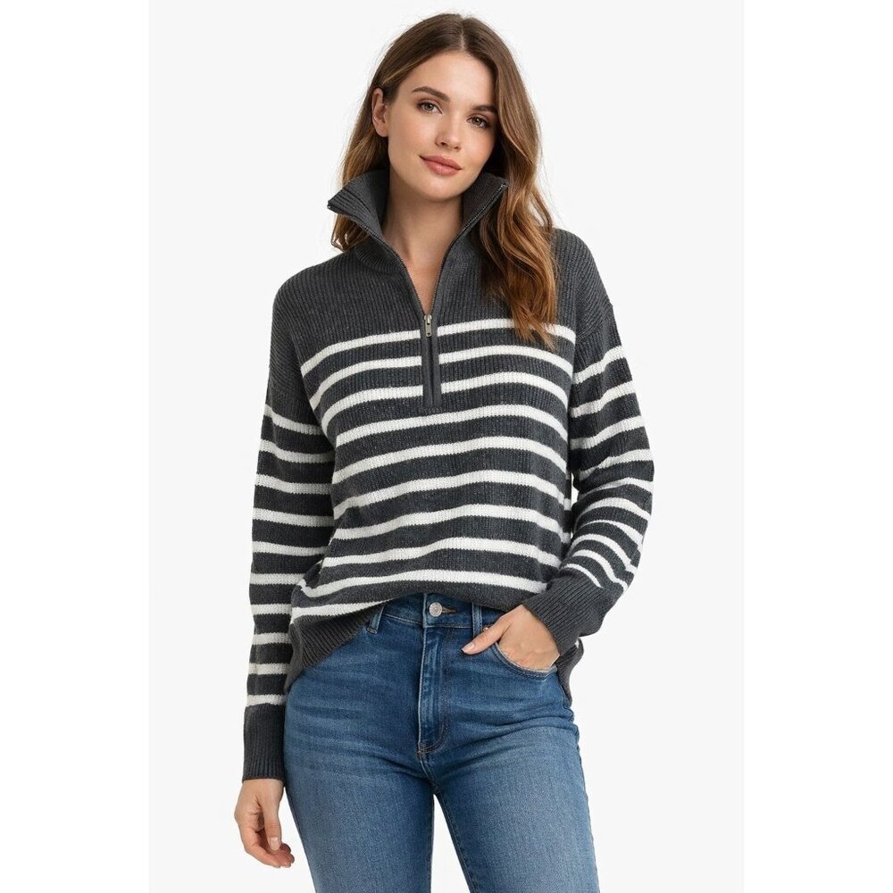 Styles & Co Size Large Polyester Long Sleeves Stripe Sweater Grey White